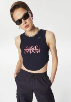 Twist Slim Cut Crop Combed Cotton With Patch Accessories And Embroidery - Top - Navy